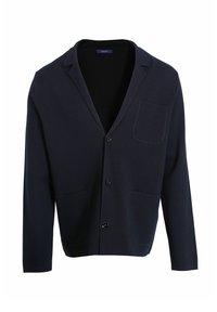 Gilet bleu marine avec un col châle, une poche poitrine et deux poches avant. Dispose d'une fermeture par boutons et d'une texture tricot douce.