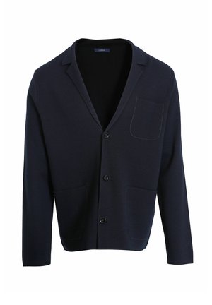 Marineblauer Cardigan mit schalähnlichem Kragen, einer Brusttasche und zwei Vordertaschen. Verfügt über einen Knopfverschluss und einen weichen Strickstoff.