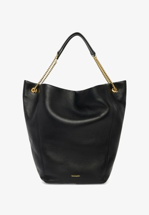 Schwarze Ledertasche mit weicher Struktur, goldenen Kettengriffen und kleinem goldenen Markenlogo nahe der unteren Mitte.