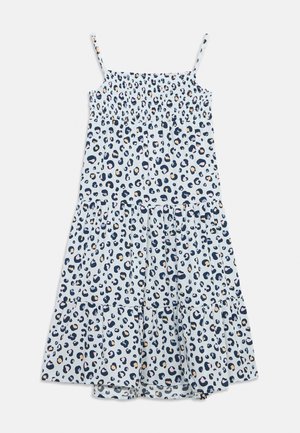 Hele sinine varrukateta kleit, millel on õmmeldud korsett ja astmeline seelik, kaunistatud kogu ulatuses mereväe- ja beežikaruga lõvitrükiga.