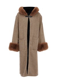 Palton houndstooth maro și crem cu glugă căptușită cu blană și manșete, având buzunare laterale și un design deschis.