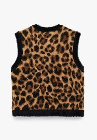 Ärmlös väst med leopardmönster och en mjuk, strukturerad yta. Har en svart kant och en beige bakgrund med mörkbruna fläckar.