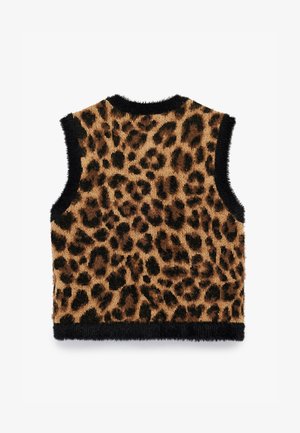 Gilet sans manches imprimé léopard avec une finition douce et texturée. Il présente une bordure noire et un fond beige avec des taches marron foncé.