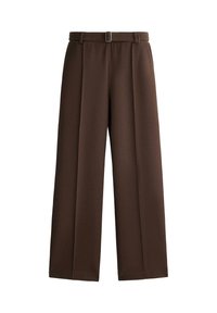 Pantalon marron taille haute à jambes larges avec ceinture assortie et plis devant, présenté sur fond blanc.