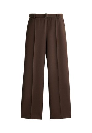 Bruine hoge taille wijde broek met bijpassende riem en plooien aan de voorkant, weergegeven op een witte achtergrond.