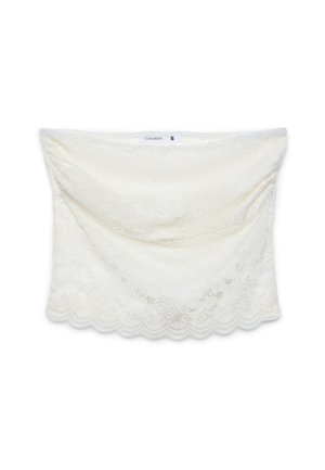 Top bandeau senza spalline in pizzo bianco con motivi floreali e orlo smerlato, taglia small, etichetta del marchio visibile all'interno.