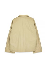 Beige puuvillane jakk klassikalise krae, pikkade varrukate ja sirge lõikega. Omab siledat tekstuuri ja minimaalse õmbluse detaile.