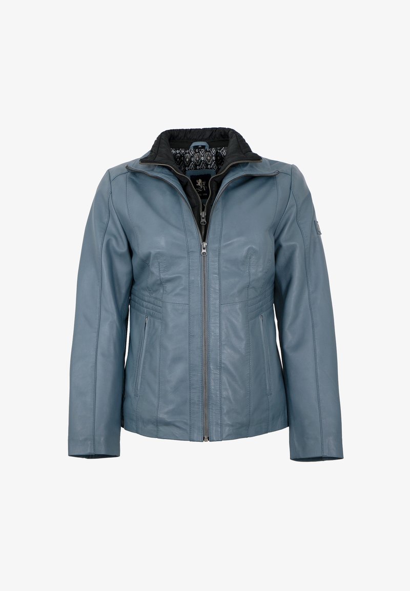 Leather jacket in light blue with a zip front, two side pockets, and a black collar featuring an intricate inner lining pattern.