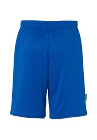 Blå sportshorts lavet af glat, letvægtsstof. Elastisk talje for nem brug. Enkel design uden synlige mønstre eller hardware.