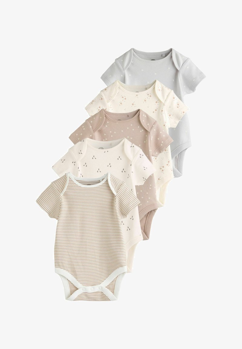Fünf kurzärmlige Babybodys in beigefarbenen Streifen, weiß mit kleinen Formen, braun mit Sternen, creme mit Sternen und hellgrau mit Sternen.
