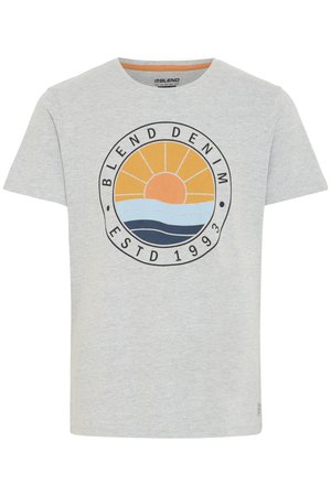 Light gray cotton t-shirt featuring a circular graphic with a sun, waves, and "BLEND DENIM ESTD 1993" text in black and orange.