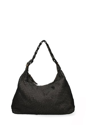 Borsa a spalla nera intrecciata con manico braided. Presenta una superficie testurizzata e una forma strutturata adatta per usi casual o formali.