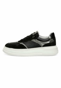 Black and metallic gray sneaker with a textured leather upper, round toe, lace-up design, and a thick white rubber sole.