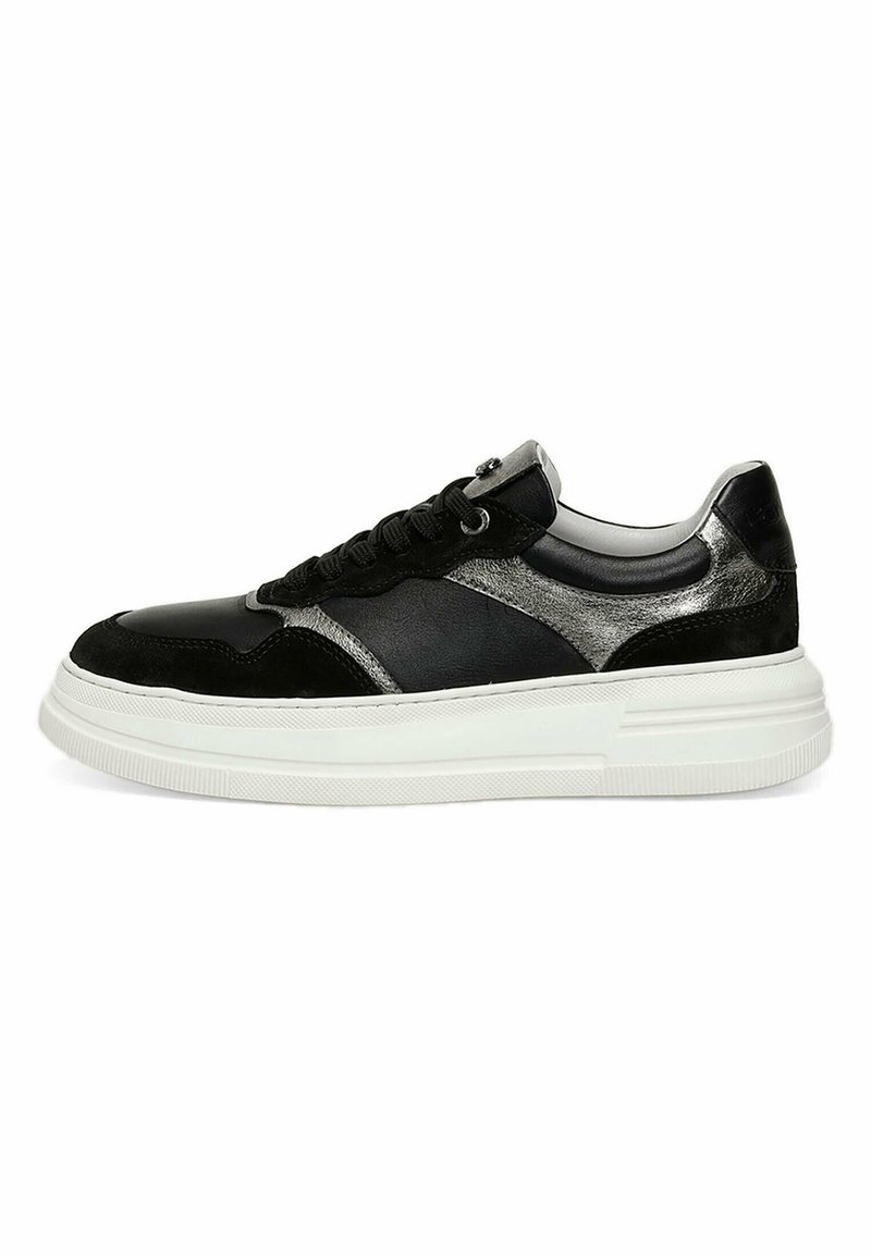 Black and metallic gray sneaker with a textured leather upper, round toe, lace-up design, and a thick white rubber sole.