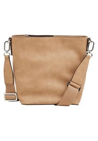 Beige læder crossbody taske med en enkel rektangulær form, udstyret med lynlås, justerbar rem og sølvfarvede detalje.