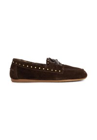 Brown suede loafers with gold studs along the upper, a flat tan sole, and a decorative leather bow on the tongue.