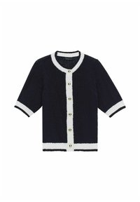 Marinblå stickad cardigan med vita accenter, korta ärmar, rund halsringning och guldfärgade knappar framtill. Strukturerad tyg.