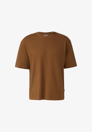 Braunes T-Shirt mit kurzen Ärmeln und Rundhalsausschnitt von s.Oliver mit lockerem Schnitt, vor weißem Hintergrund dargestellt.