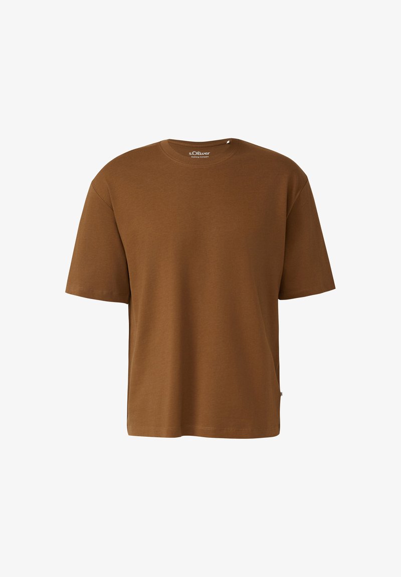 T-shirt marron à manches courtes et col rond de s.Oliver avec une coupe décontractée, présenté sur un fond blanc.