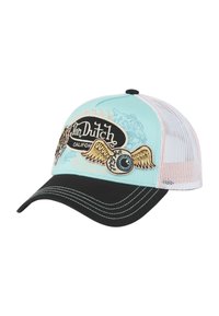 Casquette turquoise et noire avec dos en maille. Présente un design brodé avec des ailes et un œil, ainsi que le texte "Von Dutch California".