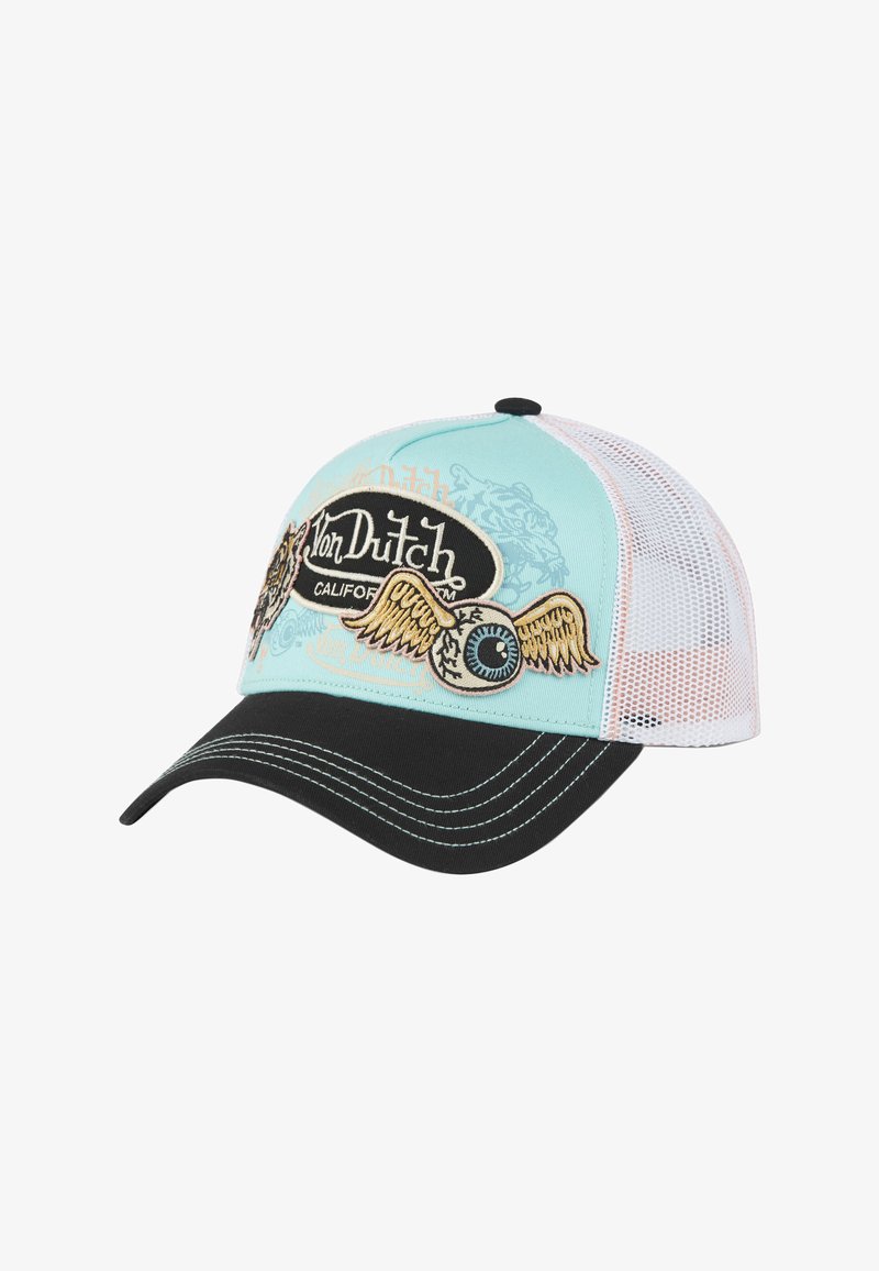 Casquette turquoise et noire avec dos en maille. Présente un design brodé avec des ailes et un œil, ainsi que le texte "Von Dutch California".