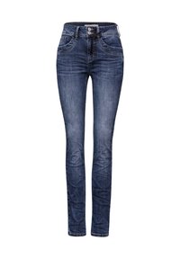 Mörkblå denim skinny jeans med hög midja, klassisk femfickdesign och subtila bleknade områden på benen. Detaljer i form av knapp och dragkedja.