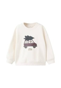 Felpa bianca con una macchina a cartone animato con un albero nero sopra. La scritta dice "CONSEGNA SPECIALE". Maniche lunghe e collo a giro.