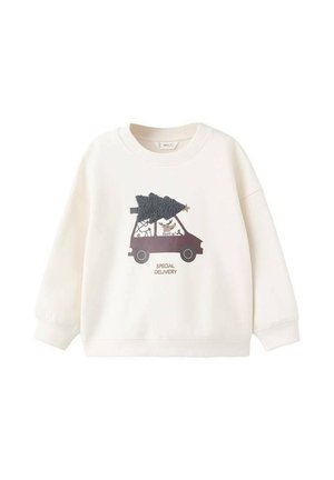 Sweatshirt blanc arborant une voiture de dessin animé avec un arbre noir sur le toit. Le texte indique "LIVRAISON SPÉCIALE". Manches longues et encolure ras du cou.