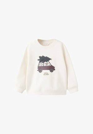 Sweatshirt blanc arborant une voiture de dessin animé avec un arbre noir sur le toit. Le texte indique "LIVRAISON SPÉCIALE". Manches longues et encolure ras du cou.