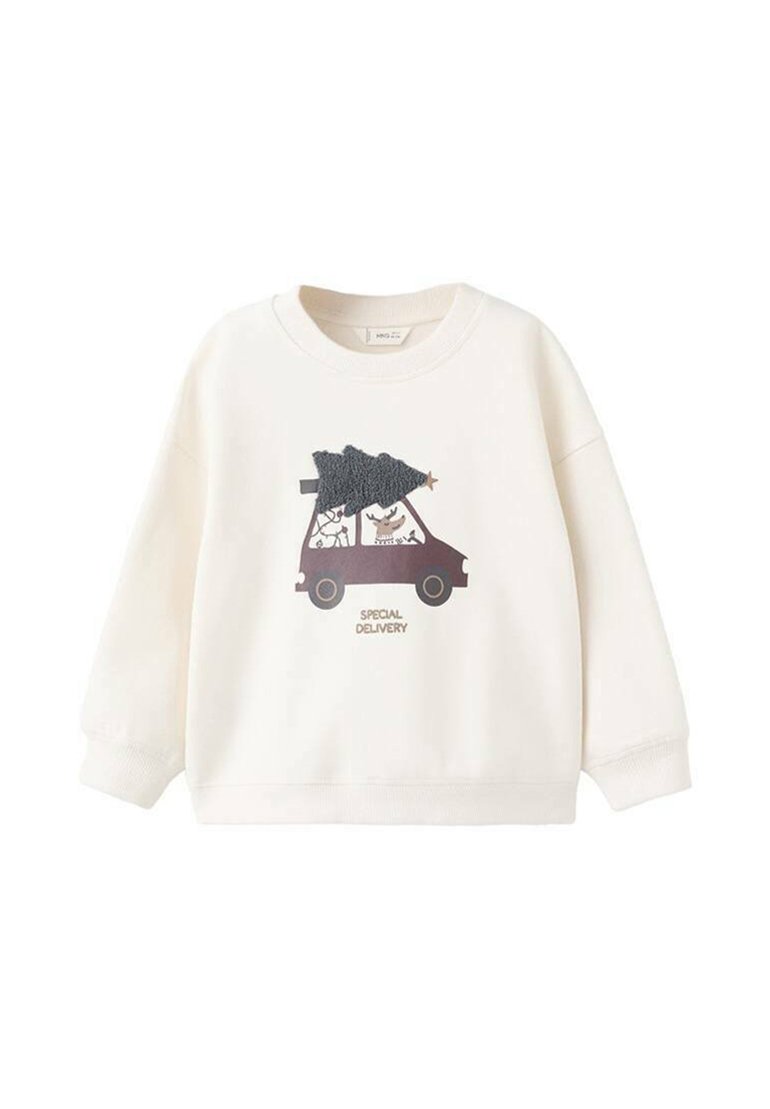Felpa bianca con una macchina a cartone animato con un albero nero sopra. La scritta dice "CONSEGNA SPECIALE". Maniche lunghe e collo a giro.