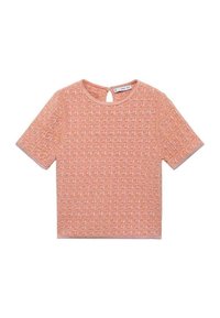 Haut à manches courtes en tissu texturé orange clair avec un motif géométrique, encolure ronde et petit détail en forme de trou de serrure au dos.