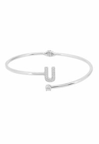 Brazalete de plata en forma de pulsera rígida con diseño en forma de 'U' adornado con piedras claras y una piedra preciosa redonda en un extremo. Acabado liso y pulido.