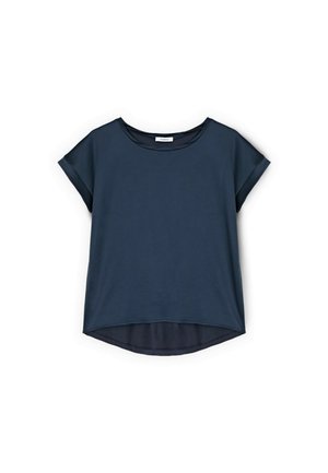 Blouse bleu marine à manches courtes avec encolure arrondie et ourlet arrière légèrement plus long, présentée sur fond blanc.