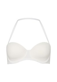 Hvid, polstret bh med en glat tekstur, formede skåle og justerbare stropper. Enkel design, der er velegnet til forskellige outfits. Ingen udsmykninger.