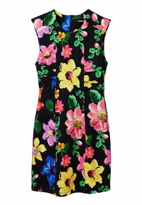 Robe sans manches à fond noir, ornée de fleurs colorées en rose, jaune et bleu, avec un détail froncé à la taille.