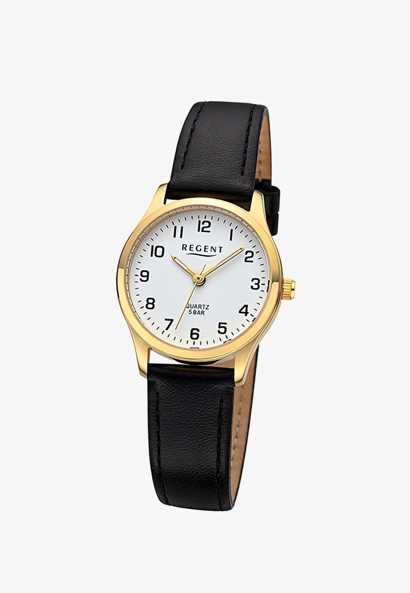 Montre analogique avec boîtier en or, cadran blanc, chiffres arabes noirs, bracelet en cuir noir, et aiguilles des heures, minutes et secondes en or indiquant 10:09:36.