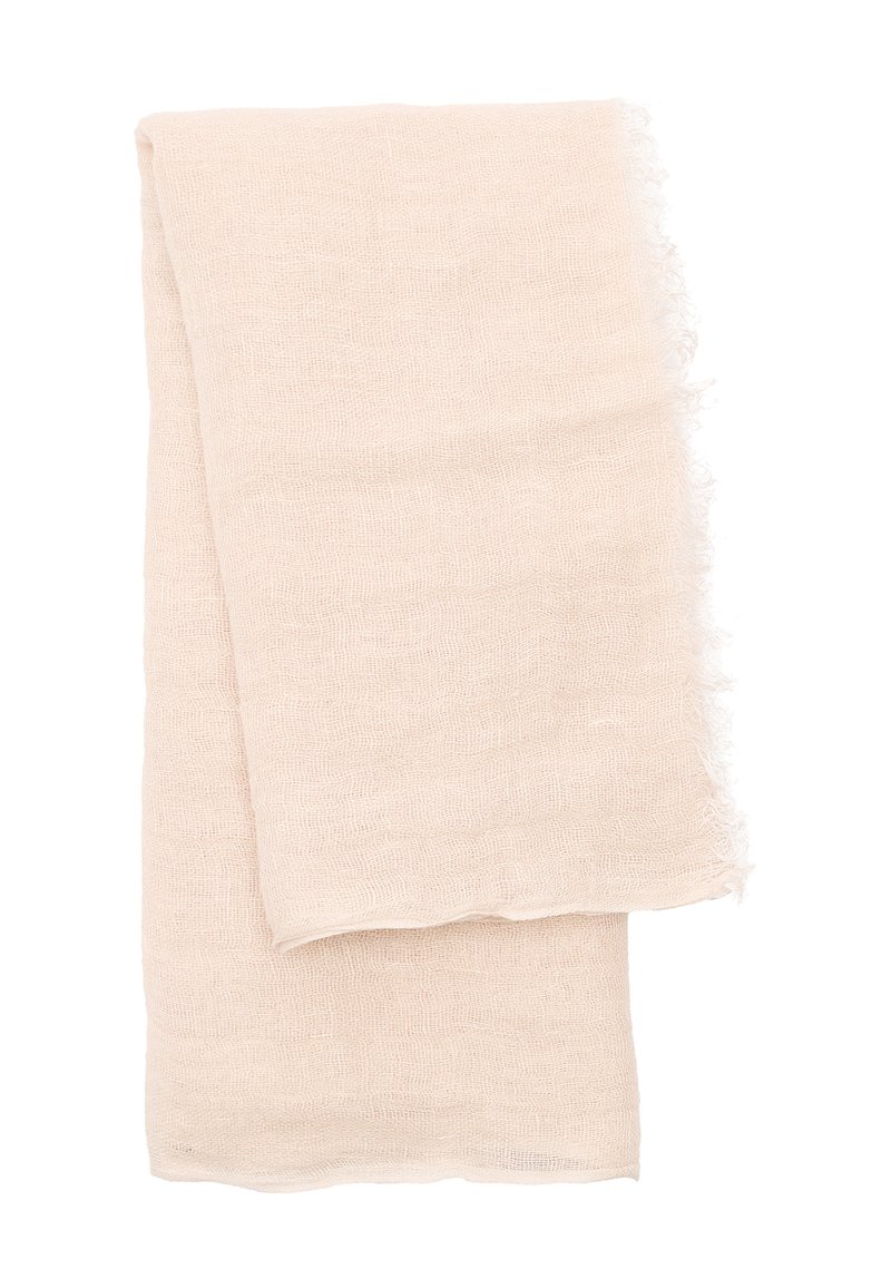 Jasnoróżowy szalik wykonany z miękkiego, teksturowanego materiału. Prostokątny kształt z frędzlami na krawędziach i lekką, przewiewną jakością.