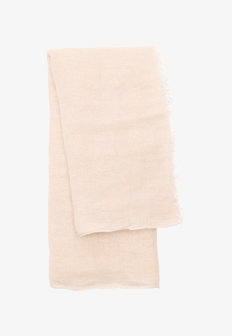 Jasnoróżowy szalik wykonany z miękkiego, teksturowanego materiału. Prostokątny kształt z frędzlami na krawędziach i lekką, przewiewną jakością.