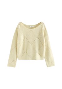 Cremefarbenes gestricktes Sweatshirt mit einem Rautenmuster, rundem Halsausschnitt und langen Ärmeln. Strukturiertes Material mit einem cropped Design.