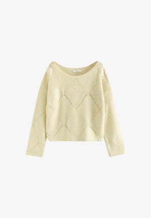 Cream-colored knitted sweater with a diamond pattern, round neckline, and long sleeves. Textured fabric with a cropped design.