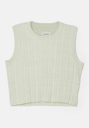 Vaaleanvihreä безромпухattu lasten crop-top, jossa on pyöreä pääntie. Pehmeä rakenne ja hienovaraiset pystyrivit. Brändin etiketti näkyvissä sisältä.