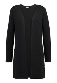 Černý kardigan s otevřeným předním dílem, dlouhými rukávy, texturovanou látkou, dvěma předními kapsami, délka do kolen, lehký materiál.