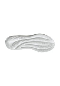 Semelle de chaussure en caoutchouc blanc avec des motifs texturés, présentant des stries et des rainures pour une meilleure adhérence. Finition lisse avec des bords arrondis.