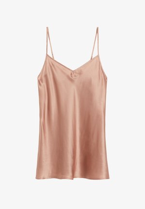 Jasnoróżowy satynowy top na ramiączkach z cienkimi, regulowanymi paskami i dekoltem w kształcie V, charakteryzujący się gładką, błyszczącą teksturą oraz sylwetką w kształcie litery A.
