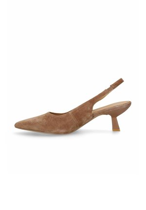 Brown suede pointed-toe slingback shoe with low kitten heel and elastic strap at the back.