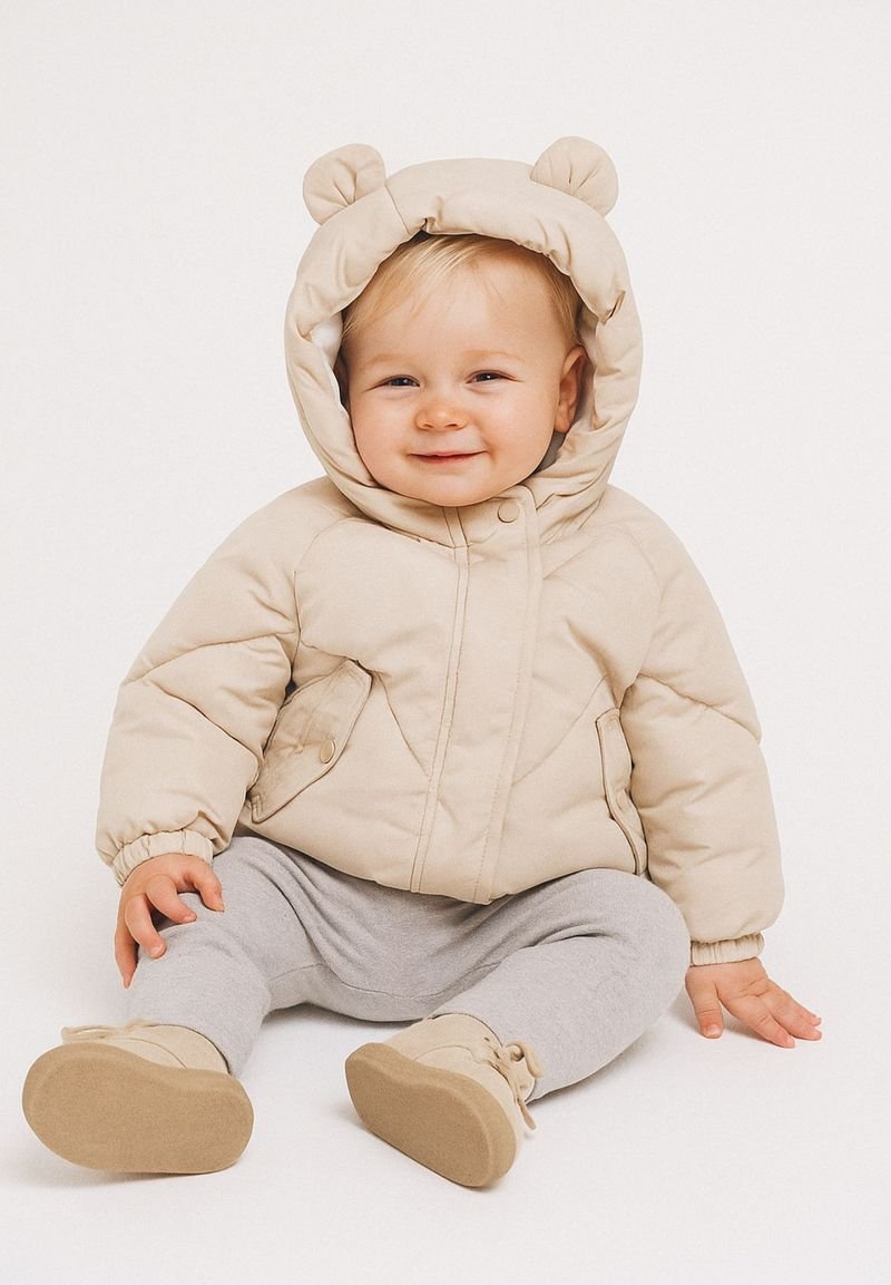 Beige padded jacket with rounded hood featuring bear ears, zip closure, diagonal stitching, worn over gray pants and shoes. Child sitting.