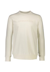 Krämfärgad sweatshirt med rund halsringning, långa ärmar och en slät yta. Har präglad text "COPENHAGEN LINDENBERGH" på framsidan.