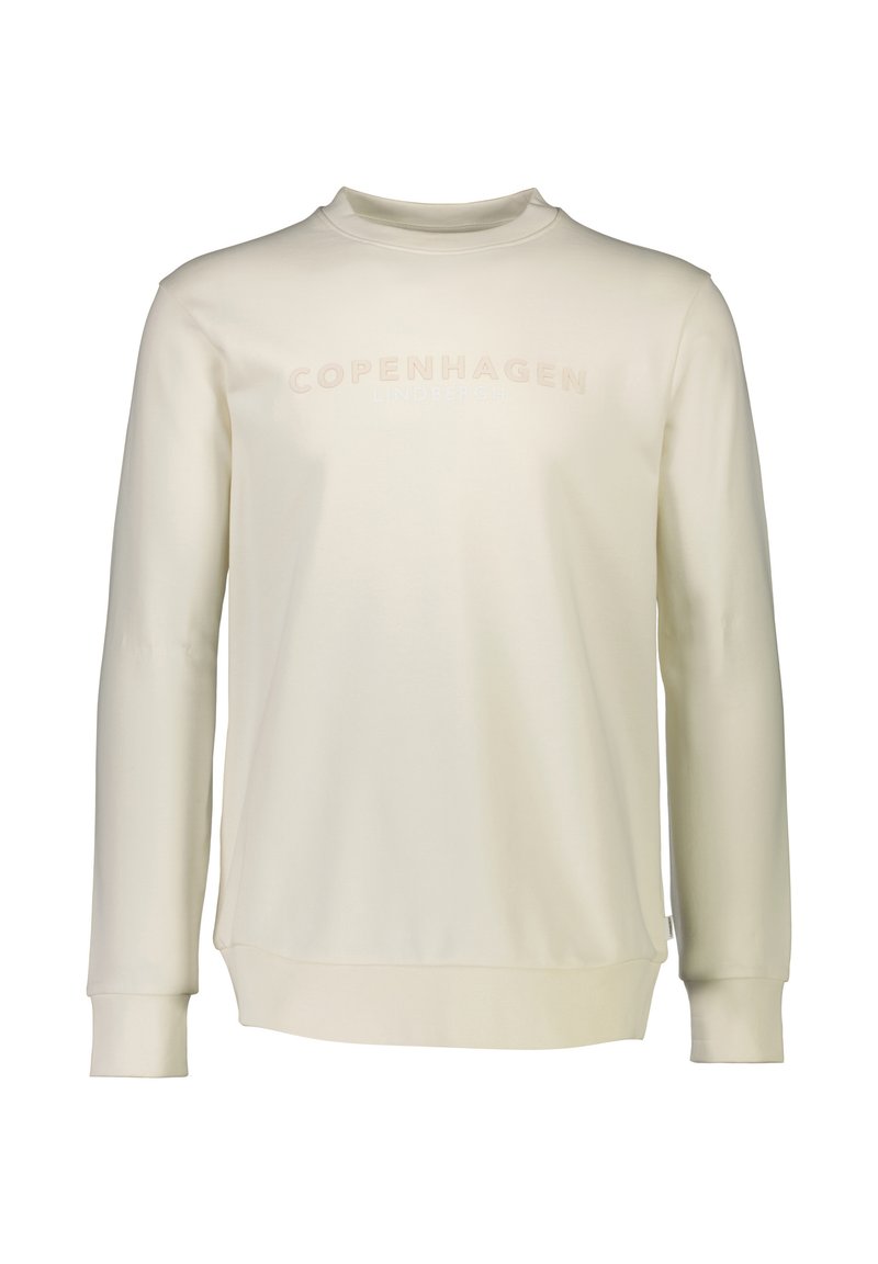 Krämfärgad sweatshirt med rund halsringning, långa ärmar och en slät yta. Har präglad text "COPENHAGEN LINDENBERGH" på framsidan.