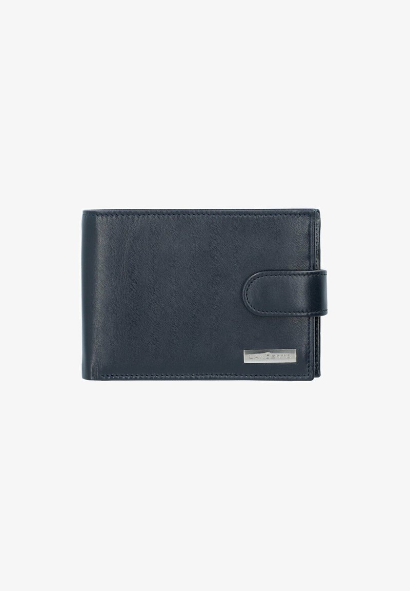 Granatowy skórzany portfel w kształcie prostokąta, z zapięciem na klamrę, gładką teksturą i metalową metką marki z przodu.