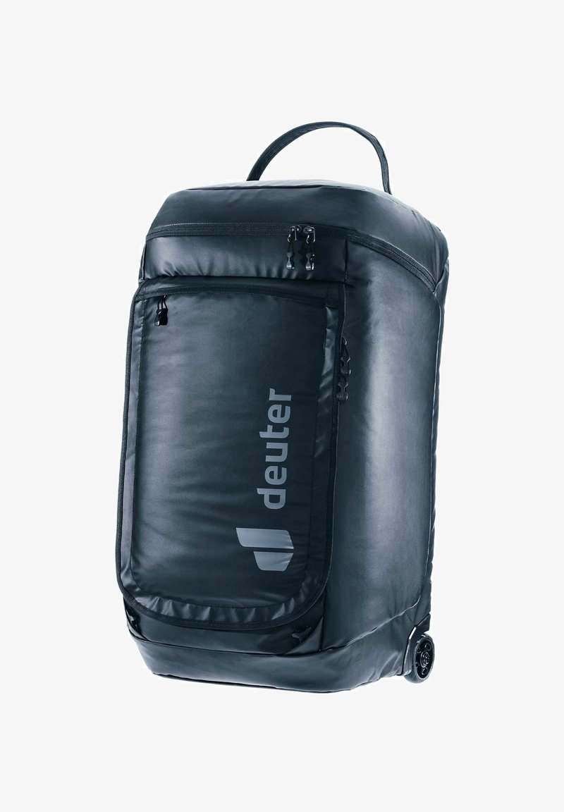 Zaino con ruote nere realizzato in un tessuto liscio e resistente. Presenta una grande tasca frontale, doppie cerniere e una maniglia superiore per il trasporto.